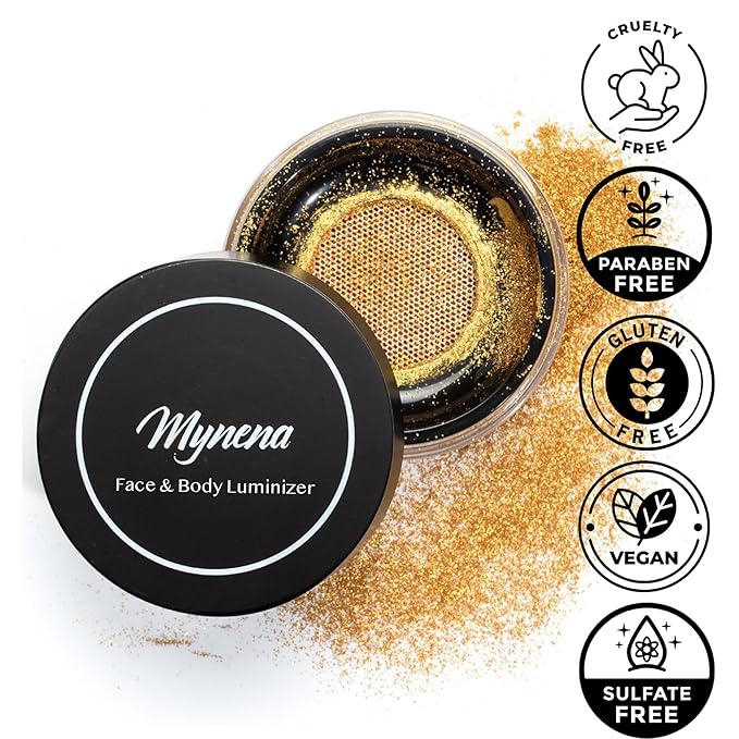 Mynena Golden Loose Powder Highlighter – Vegan Paraben-Free Face & Body Luminizer | Ultra-Fine Shimmer for Radiant Glow | Buildable Festival Makeup | Wet or Dry Application | Cruelty-Free - Gold