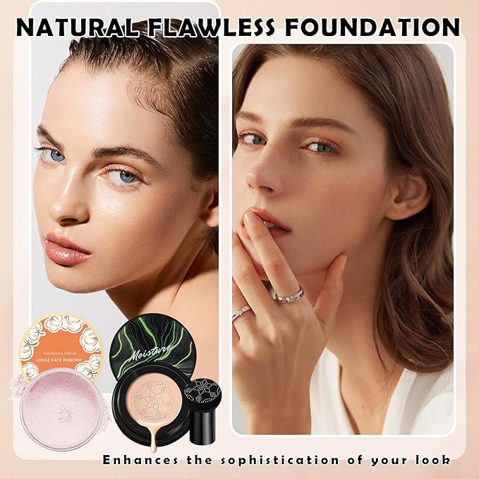 CAHIUYOA 2PCS Mushroom Head Air Cushion CC Cream Foundation Pink Setting Powder Loose Powder Makeup Set Long Lasting Oil Control Loose Setting Powder Moisturizing BB Cream Full Coverage Foundation