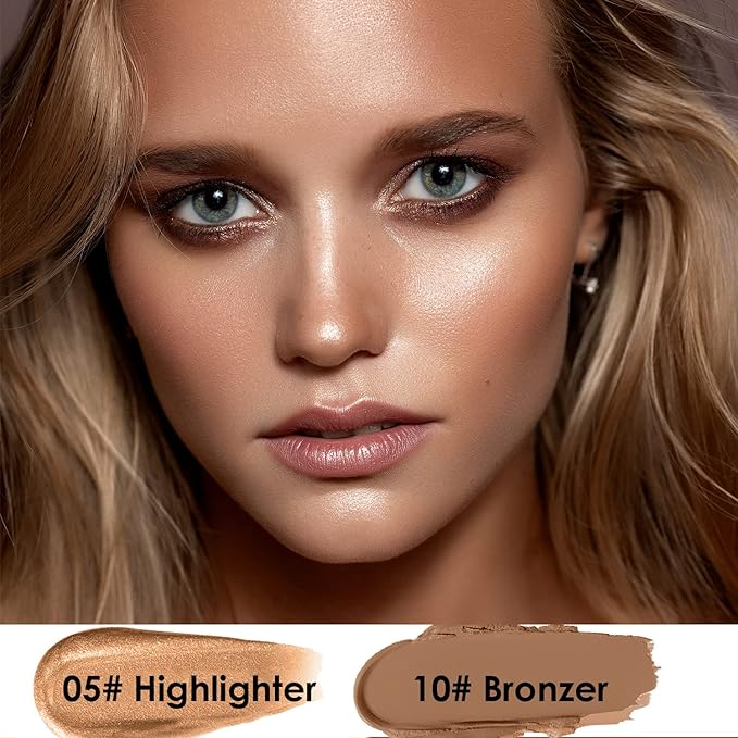 POPMISOLER 2pcs Makeup Highlighter & Cream Contour Stick, Natural Face Bronzer & Cool Toned Contour Kit for Beginners, Waterproof Shimmer Highlight Stick