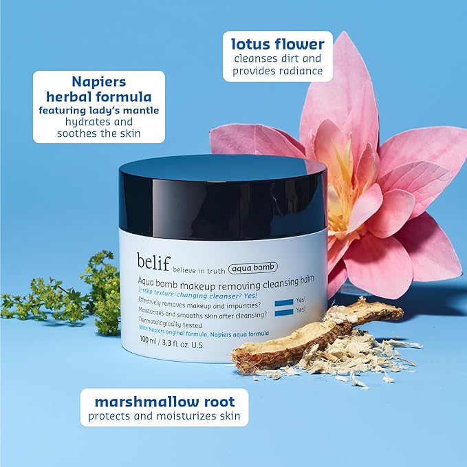 belif Aqua Bomb Cleansing Balm Makeup Remover, Hydrate & Deep Cleanse in 1 Step, No Mess Clean Up, Melt Away Makeup & SPF, Balm to Oil Cleanser Formula, No Oily Residue, Korean Skin Care