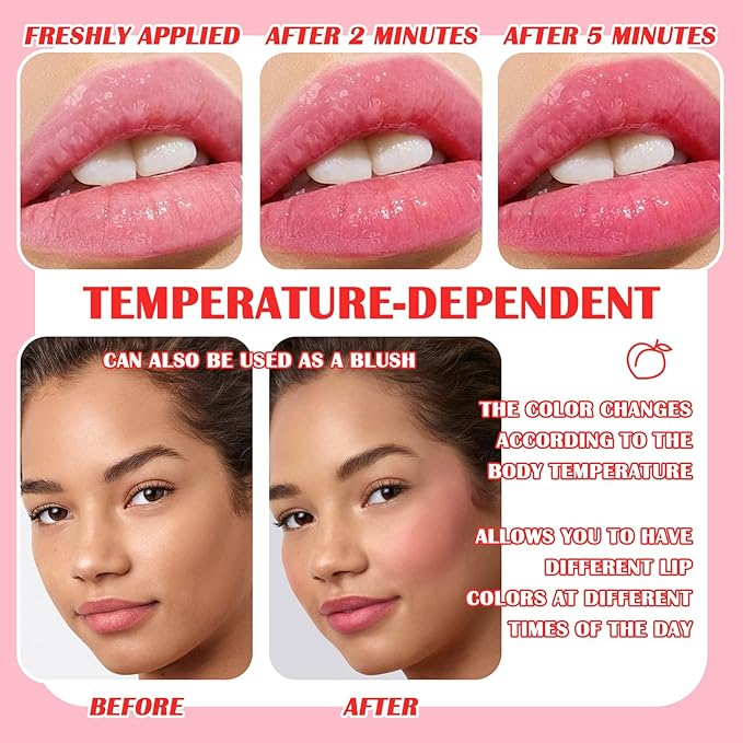 2PCS Lip Oil and Color Changing Lipstick Set,Magic Jelly PH Lipstick,Moisturizing Color Change Lipstick,Lip Stain Long Lasting Waterproof Tinted Lip Balm Set,Hydrating Lip Glow Oil for Women