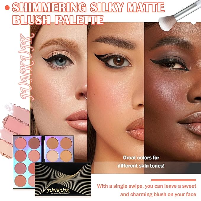 Blush Palette,Shimmer Silky Matte Blush Powder Palette,Professional Cute Face Contour Highlighter Blush Palette with Blush Makeup Brush 01