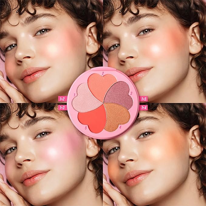 Matte and Highlighter Blush Palette, Cheek Blush Makeup, Bright Pink Blush Powder, Rose Magenta Peach Red, Talc Free