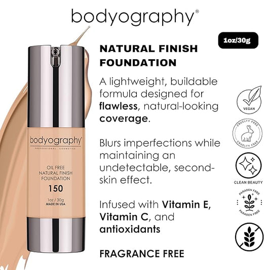 Bodyography Natural Finish Foundation - Oil-Free Anti-Aging Salon Natural Finish w/Vitamin E, C, Antioxidants (Med/Dark #220)