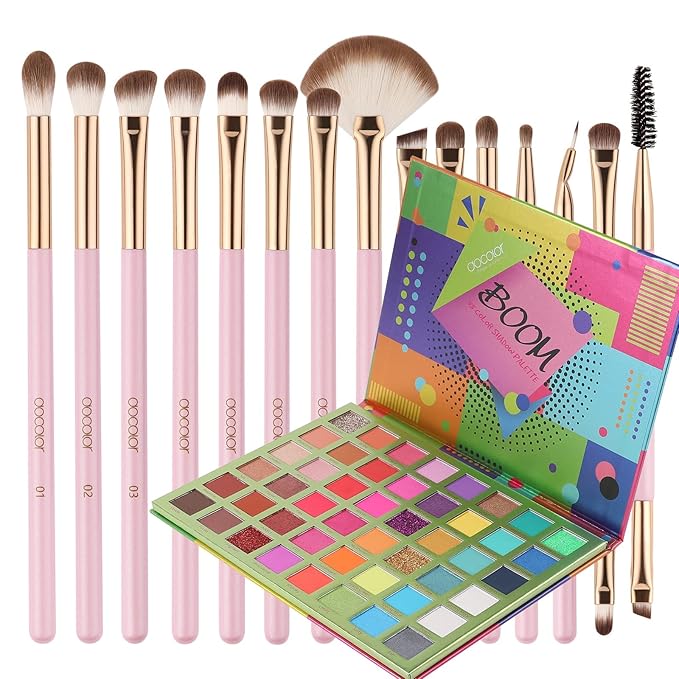 Docolor 15Pcs Eye Makeup Brushes Set + 48 Colors BOOM Eeyshadow Palette Pigmented Matte Shimmer Metallic Blendable Soft Cream Powder Makeup Eye Shadow Palettes