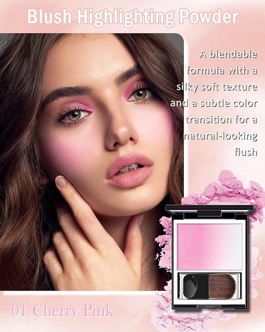 Matte Pink Blush for Cheeks, Multiuse Baked Powder Blush Palette for Blusher&Highlighter&Eyeshadow, Lightweight Long-Lasting High Glossy Finish, Blendable Gradient Blusher, Makeup Gift for Women-01