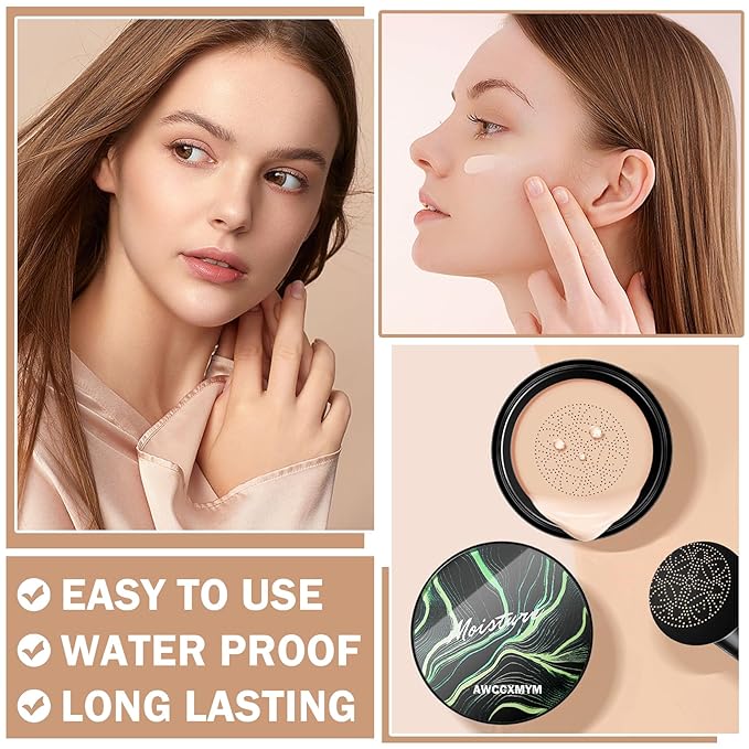 AWCCXMYM CC Cream Cushion Foundation Full Coverage Foundation Matte Moisturizing Concealer BB Cream Foundation Makeup with Mushroom Head for Glowing Flawless Skin Radiance 01#Ivory (Porcelain)