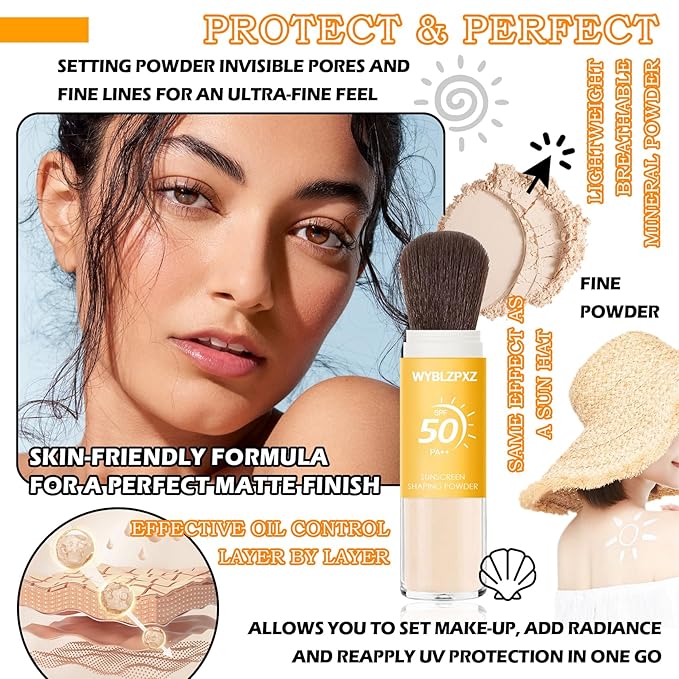 Mineral Sunscreen Setting Powder SPF50 PA++ for Face,Long-Lasting Oil Control Sunscreen Brush Powder,Matte Transparent Facial Powder Sunscreen,All Skin