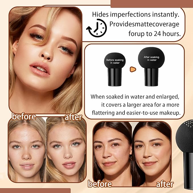2P Mushroom Head Air Cushion CC Cream Foundation,Moisturizing Non-Greasy BB Cream and Makeup Sponge,Longlasting Matte Concealer Full Coverage Face Makeup Liquid Foundation for All Skin Types(Natural)B