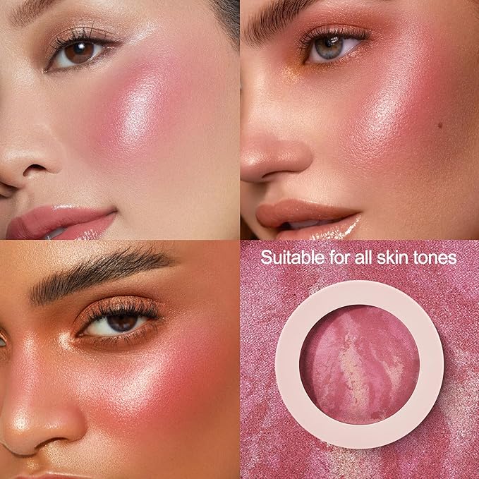 Baked Blush for Cheeks, 2 in 1 Powder Blush Palette and Highlighter, Contouring Shimmer Natural Makeup All Day Wear