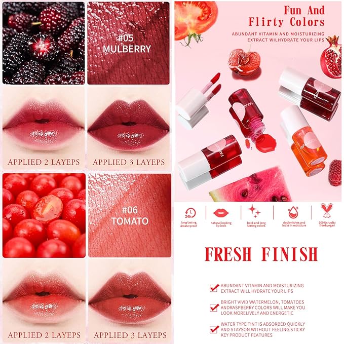 6 Colors Liquid Tint Stain, Korean Lip Gloss Moisturizing Natural Mini Liquid Lipstick, Lip Stain Long Lasting Waterproof, Multi-Use Lip and Cheek Tint Stain (6 PCS)