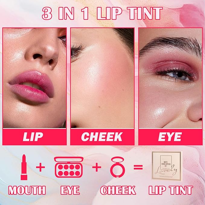 8 Colors Lip Tint Stain Set,Mini Liquid Lipstick Moisturizing Long Lasting Plumping High Pigmented Lip Gloss Set,Lightweight Non-Stick Cup Matte Lipstick for Waterproof Cheek and Lip Tint Makeup