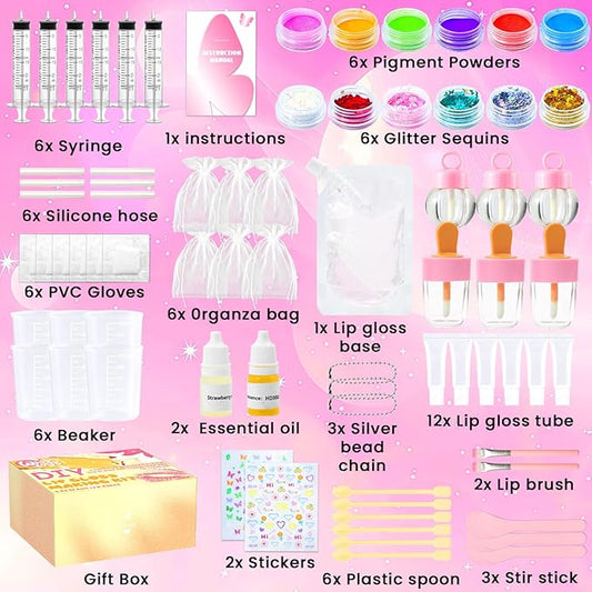 DIY Lip Gloss Making Kit 74 PCS, Yellow Kids Lip Gloss Supplies Set Beginner, Fun Craft Set Moisturizing Base, Gift for Girls, Kids, Teenagers, Women