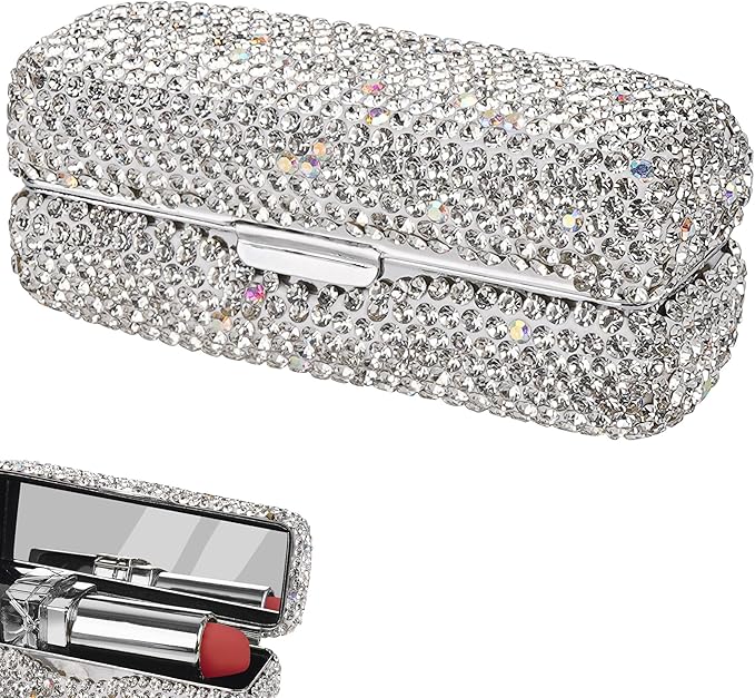 Crystal Lipstick Organizer, Lipstick Case with Mirror, Shiny Crystal Lipsticks Case for Outdoor, Party, Gathering, Home Storage