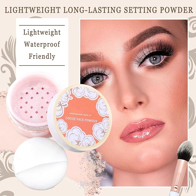 Mineral Setting Powder with brush,Shimmering Powder for Face,Lightweight Long Lasting Oil Control Face Makeup Set,Matte Concealer Setting Makeup Kit for All Skin Types(A)