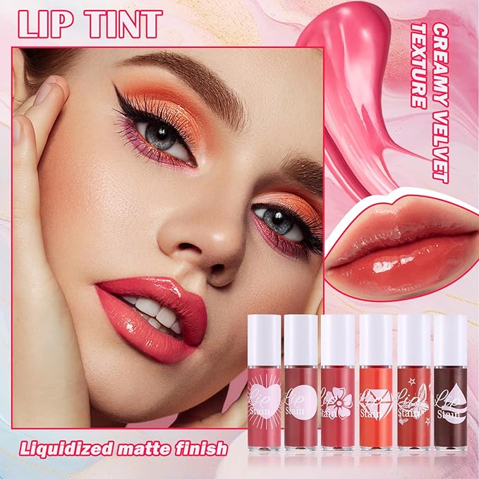 6 Colors Lip Tint Stain Set,Mini Liquid Lipstick Moisturizing Long Lasting Plumping High Pigmented Lip Gloss Set,Lightweight Non-Stick Cup Matte Lipstick for Waterproof Cheek and Lip Tint Makeup A