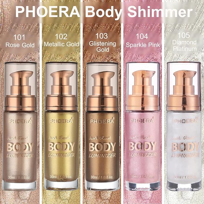 PHOERA Body Shimmer Oil,Waterproof Long Lasting Moisturizing Body Luminizer Glow Body Illuminator Highlighter for Face with Makup Bursh, 1oz/Jars (102 Metallic Gold)