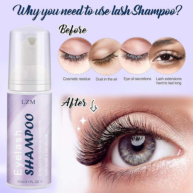 LZM Lash Shampoo Kit with Rechargeable Lash Fan Dryer, Eyelash Extension Cleanser Foam Cleaning Kit for Wash Eyelash Extensions, with Bottle & Brush Oil Free (60ml 2.02 fl oz)