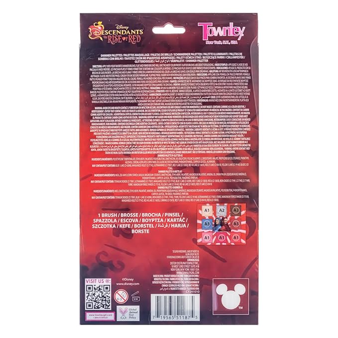 Descendants: The Rise of Red - 8 Well Eyeshadow Shimmer Palette with Mirror and brush, Shimmery and Opaque Colors, Pigmented Blendable for Girls Ages 8+, Perfect for Birthday, Parties by Townley Girl