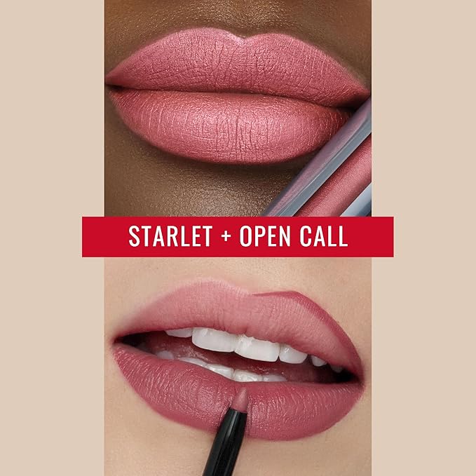 Runway Rogue ‘Starlet’ Bright Coral-Pink Pearl Glam Shimmer Long Wear Liquid Lipstick Bundle with ‘Open Call’ Matte Muted-Raspberry Designer Liner Lip Liner
