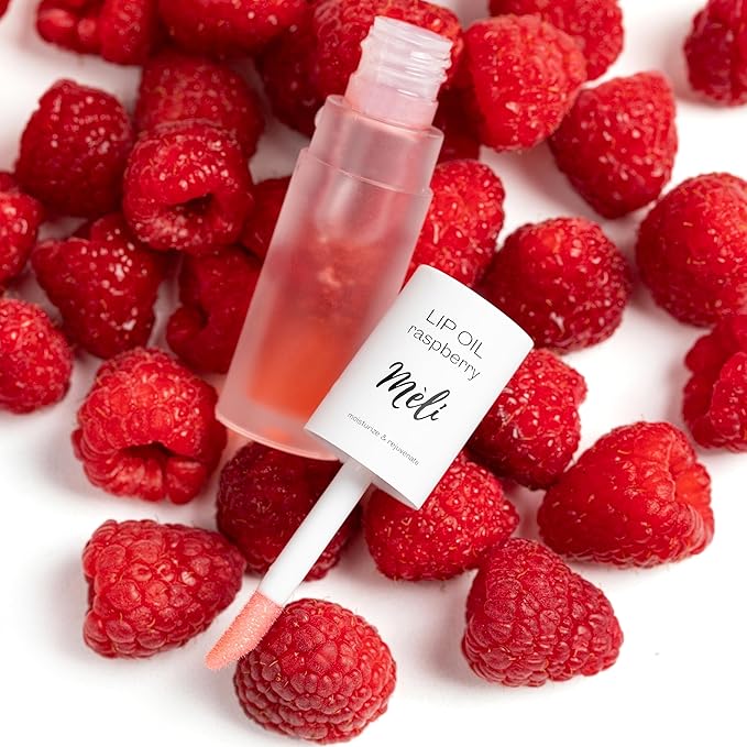 MÈLI Organic Lip Oil with Hyaluronic Acid | Clear Non-Sticky, Natural Lip Gloss, Moisturizing, Revitalizing and Rejuvenating (Raspberry)