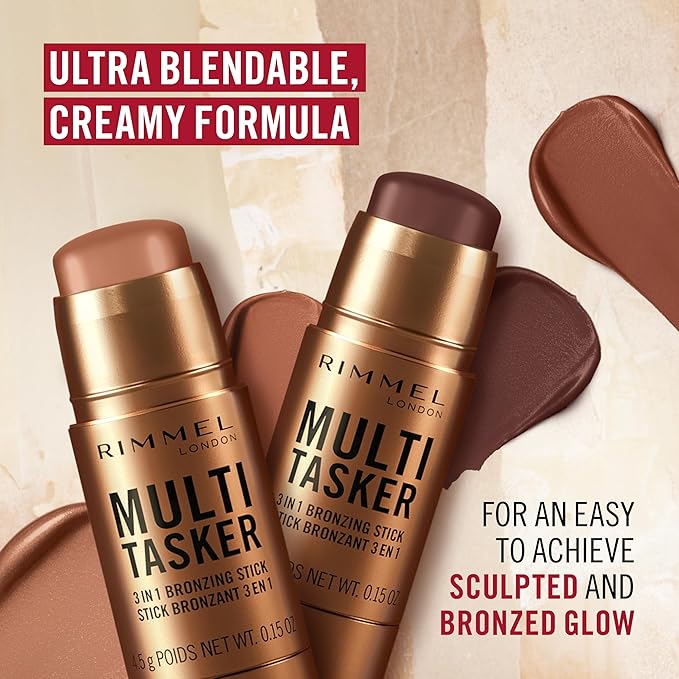 Rimmel Multi Tasker 3 in 1 Bronzing Stick, 003 Tan, Sculpted and Bronzed Glow, All-Day Wear, Sheer and Dewy Finish, Infused with Vitamin C & E, Vegan Formula, Cruelty-Free
