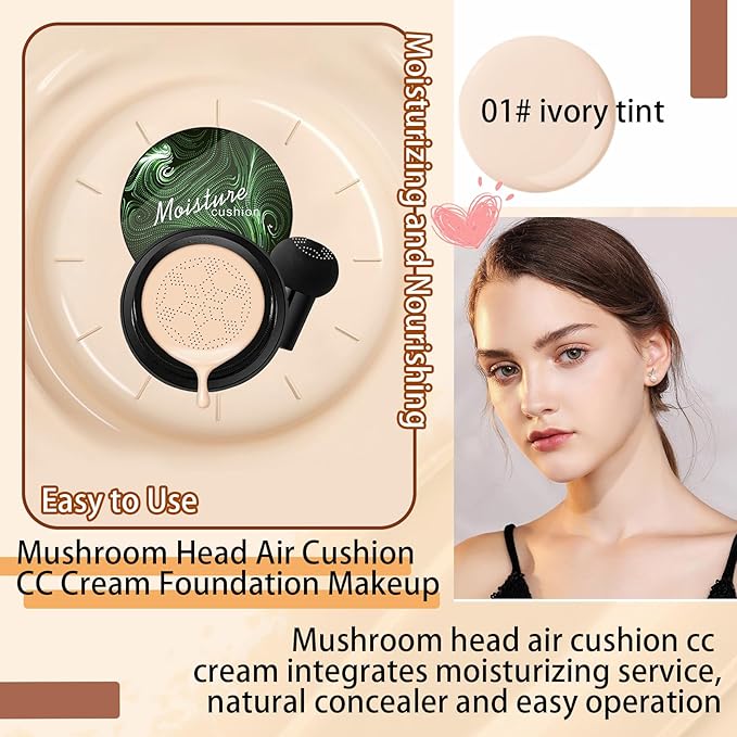 Mushroom Head Air Cushion CC Cream Foundation,Moisturizing Non-Greasy BB Cream,Long Lasting Matte Concealer Full Coverage Face Makeup Liquid Foundation for All Skin Types(Ivory)
