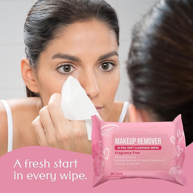 Air Jungles Makeup Remover Wipe 25 Counts, Extra Large 6" x 8", Fragrance-Free, Gently Removes Makeup and Oil, Face Cleansing Wipes, Alcohol Free