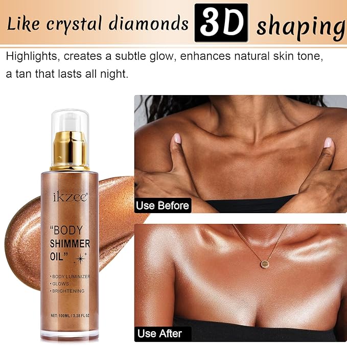 Shimmer Oil 100ml, Moisturizing Long Lasting Body Luminizer Face Brighten, Waterproof Liquid Illuminator Glow, Glitter Oil Highlighter Summer Glowing Makeup (#03 Bronze Gold)
