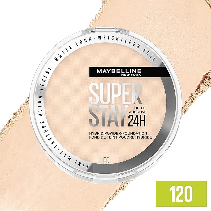 Maybelline Super Stay Up to 24HR Hybrid Powder-Foundation, Medium-to-Full Coverage Makeup, Matte Finish, 120, 1 Count