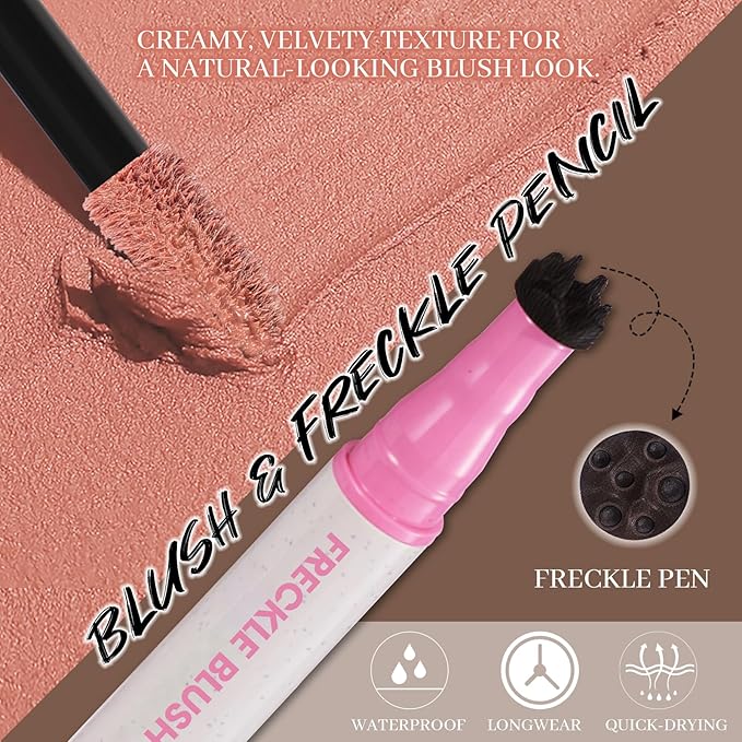 DAGEDA Freckle Blush Makeup Pen, 2 in 1 Light Brown Freckle Stamp Pink Blush, Waterproof,Quick-dry, Natural Lifelike Freckles for Natural Sunkissed Makeup with Face Puff 01
