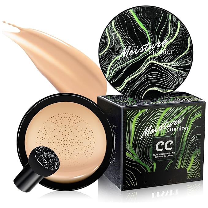 Mushroom Head Air Cushion CC Cream Foundation- Brightening Color Changing Foundation for Older Women, Moisturizing Full Coverage Self Adjusting Concealer Long-Lasting, Natural Finish (Buff Beige)
