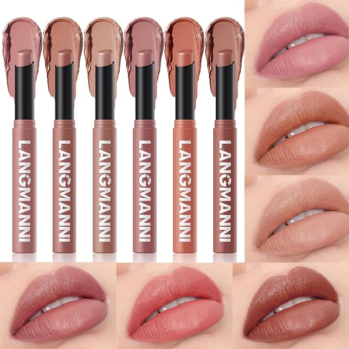 Jolilab 6 Pcs Velvet Matte Lipstick Nude Matte Soft Dark Color Stick Waterproof Long-Lasting Non-Stick Cup High Pigmented Lip Stick Lip Balm Beauty Cosmetics Gift for Girls(01#-06#