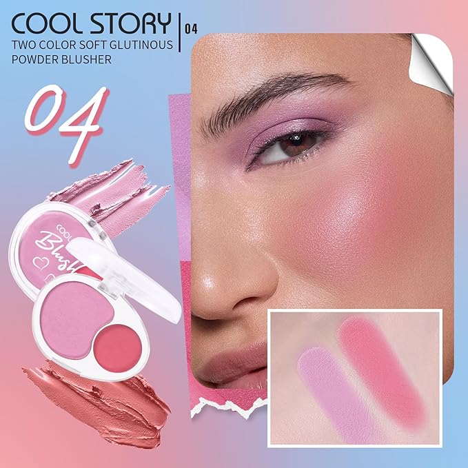 Dual-Tone Face Blush Palette for Cheeks - Waterproof, Long-Lasting, Satin Finish, Creamy Texture, Sculpting, All Skin Tones, Squalane, Highlighting, for Home, Travel, Makeup 2 Tone Tint 4#