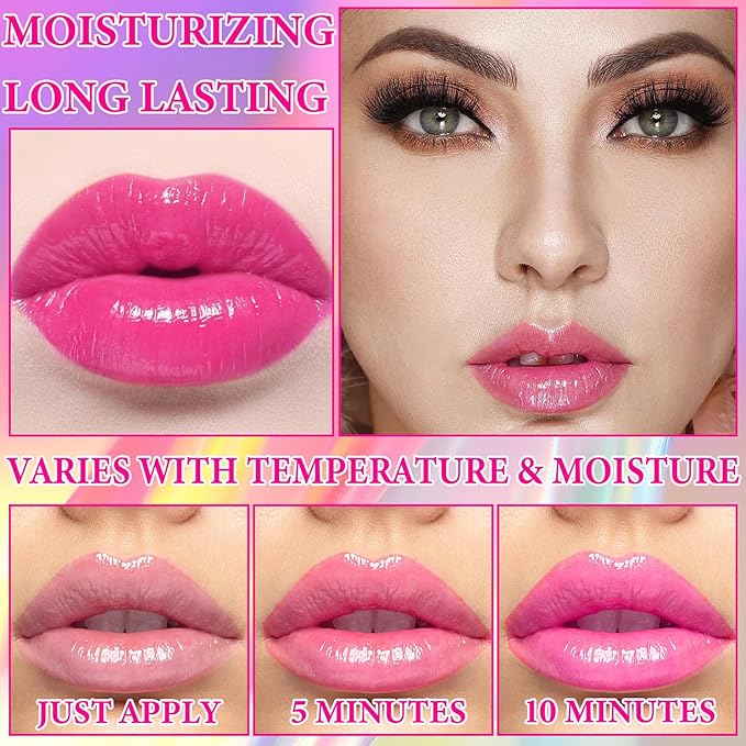 4 Pcs Color Changing Lip Gloss,Smooth Long Lasting Shiny Magic Color Jelly Color Changing Lipstick Lip Balm,Moisturizing Colorful Lip Stain Oil Lipgloss Lip Tint Set for Women