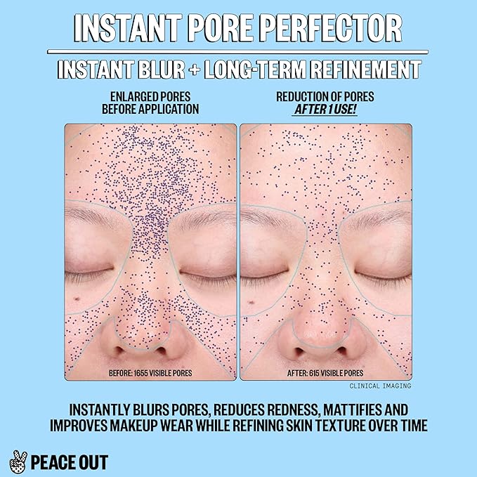 PEACE OUT Skincare Instant Pore Perfector, Skin Primer to Blur Pores, Reduce Redness and Extend Makeup Wear, Instant Filter Finish, Hyaluronic Acid and Niacinamide, Silicone-Free, 0.8 Oz