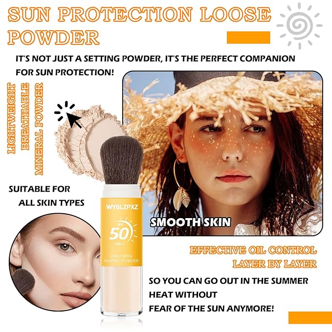 Mineral Sunscreen Setting Powder SPF50 PA++ for Face,Long-Lasting Oil Control Sunscreen Brush Powder,Matte Transparent Facial Powder Sunscreen,All Skin