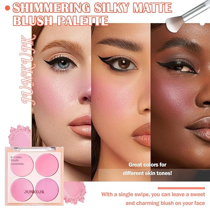 Shimmer Silky Matte Blush Powder Palette, Professional Cute Face Contour Highlighter with Blush Makeup Brush 02