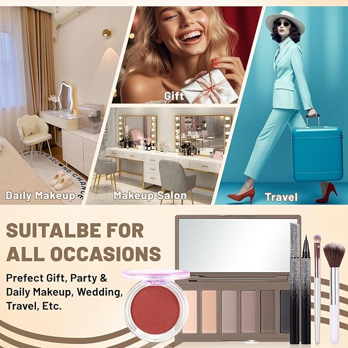 Makeup Kit for Women Full Kit All In One Make up Gift Set for Teens Girls Including 6 Colors Mini Naked Eyeshadow Palette, Cream-To-Powder Matte Face Blush, Waterproof Eyeliner, 2PCS Brushes 01