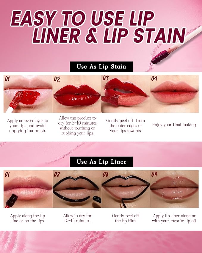 3Pcs Peel Off Lip Stain & Lip Liner Set Long Lasting,Tattoo Lipstain Peel Off Lip Gloss Nude Matte Lipstick, Waterproof,Transfer-Proof Lip Tint for All-Day Wear Women Lip Stain Color Makeup Gift-A