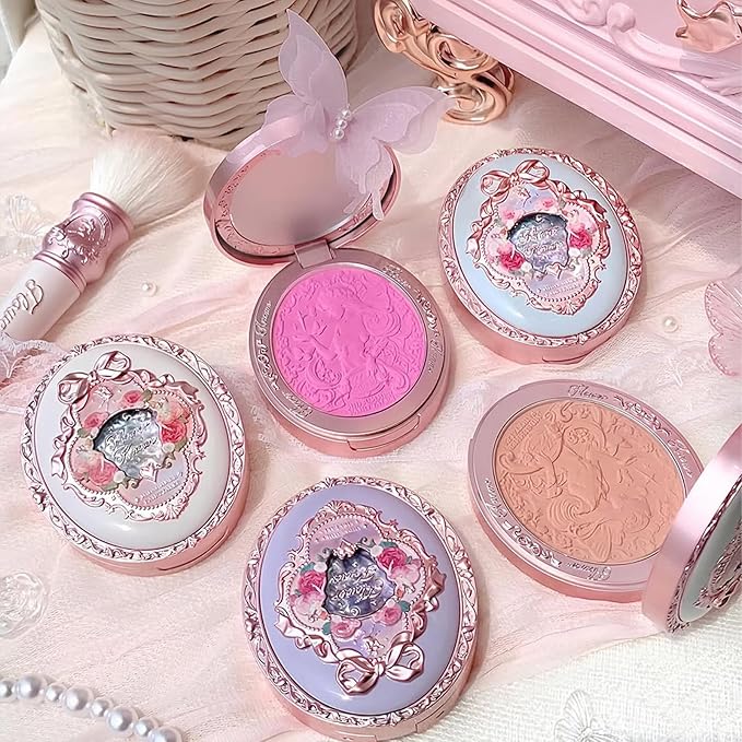 Flower Knows Midsummer Fairytales Embossed Blush 03 Ballet Fairy+Butterfly Cloud Collar Angled Powder Brush Pearly Moonlight