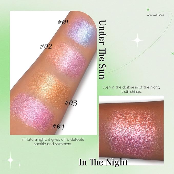 Face Highlighter Palette, Lunar Glow Highlighter Powder Makeup, Chameleon Glitter Shimmer Body Cheek Eye Highlighter, Multichrome Sparkle Holographic Color Shifting Silky Creamy Illuminator#02