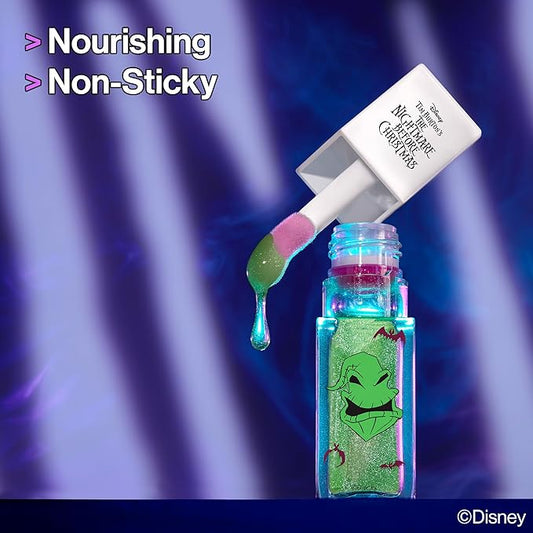 wet n wild Nightmare Before Christmas Color Changing Lip Oil, Nourishing High-Shine Formula with pH-Activated Tint, Chocolate & Vanilla Scent - Truth or Scare