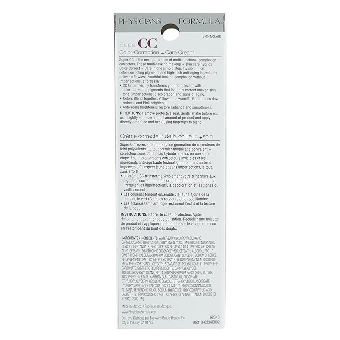 Physicians Formula Super CC+ Cream Color-Correction + Care Cream Full Coverage Foundation, Anti Aging Hydrating Serum, For Uneven Skin Tone, Dermatologist Approved, Light
