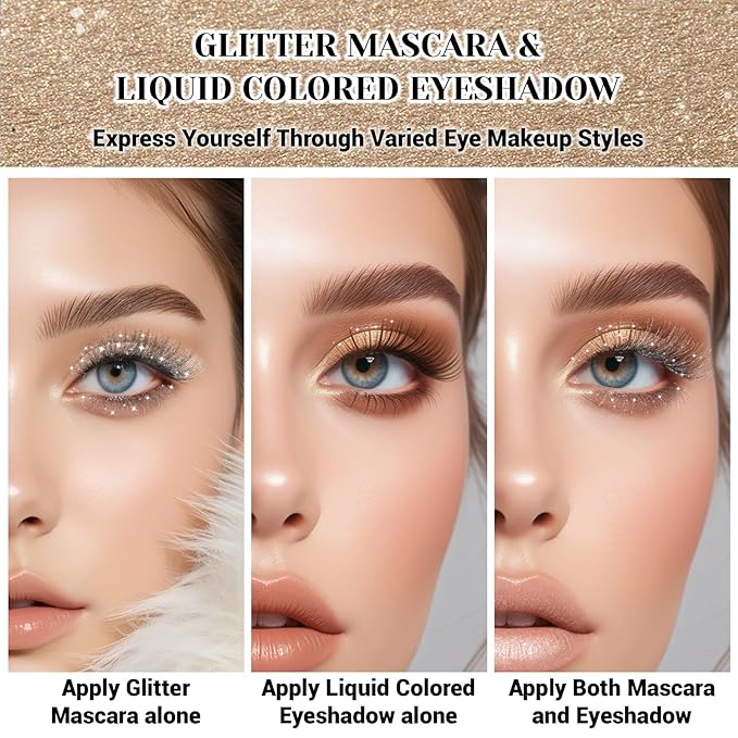 2 Pcs Glitter Mascara & Shimmer Liquid Eyeshadow Set, Long Lasting Waterproof, Shiny Diamond Eye Makeup for Party Dazzling Looks, Metallic Eye Shadow Lipstick Makeup #Set5(White+Mocha Brown)