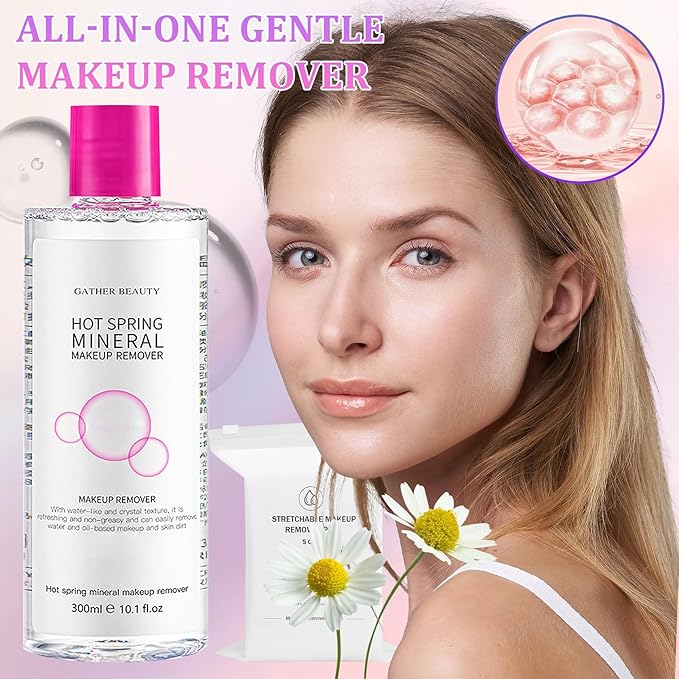 Deep Cleansing Gentle Makeup Remover Cleansing Water Kit with Soft Makeup Remover Cotton Pads for All Skin Types,Hydrating Facial Cleanser Make Up Micellar Remover Liquid for Women and Men