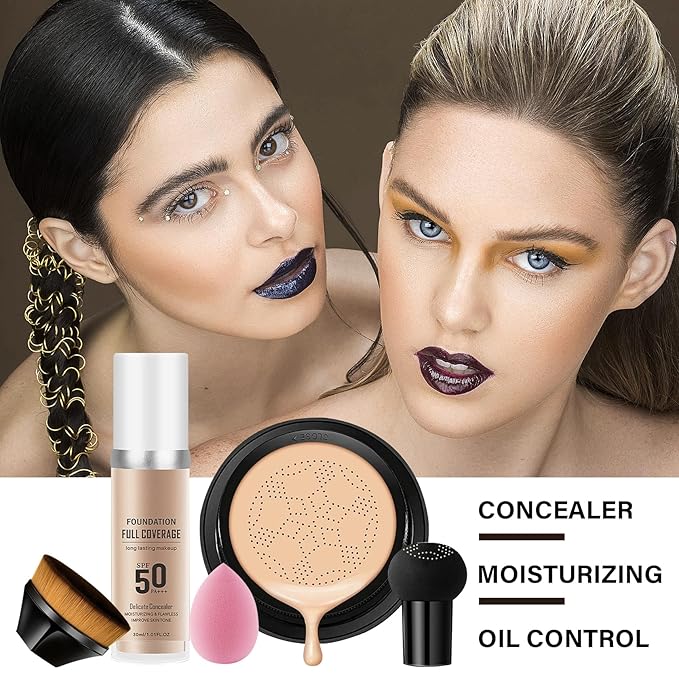 2PCS Mushroom Head Air Cushion CC Cream, Moisturizing Lasting Oil Control BB Cream for All Skin Types, Full Coverage Concealer Liquid Foundation Face Makeup Set with Foundation Brush & Makeup Sponge D