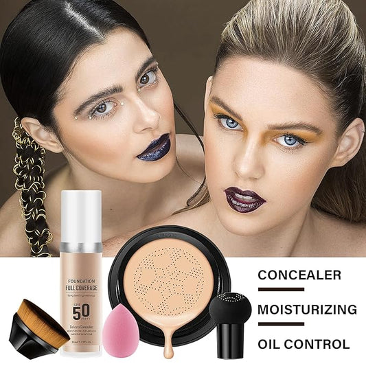 2PCS Mushroom Head Air Cushion CC Cream, Moisturizing Lasting Oil Control BB Cream for All Skin Types, Full Coverage Concealer Liquid Foundation Face Makeup Set with Foundation Brush & Makeup Sponge D
