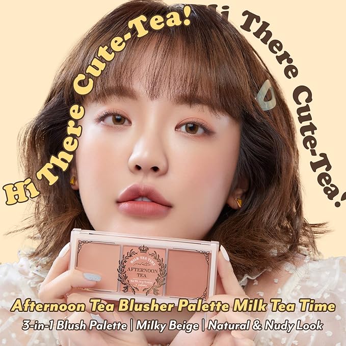 I'm Meme Compact - Oil Cut Pact 0.34 Oz + Palette - Afternoon Tea Blusher | 3 Shades Milk Tea Time, 0.42 Oz Bundle
