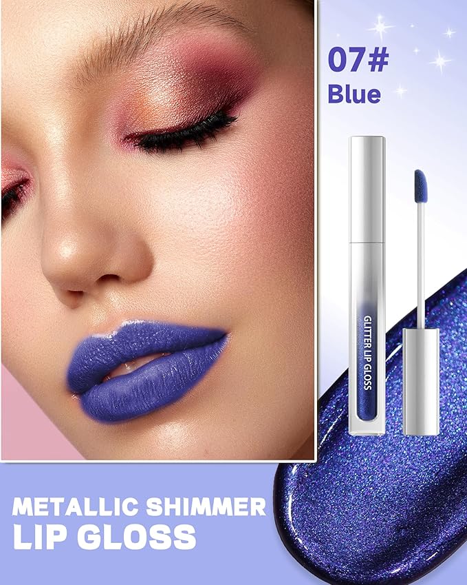 Blue Metallic Liquid Lipstick, Non-Stick Cup Glitter Lip Gloss, High Pigmented Lip Color with Transfer-proof Wear, Long Lasting Waterproof Shimmer Sparkly Lipstick Cosplay Party Makeup for Women-07
